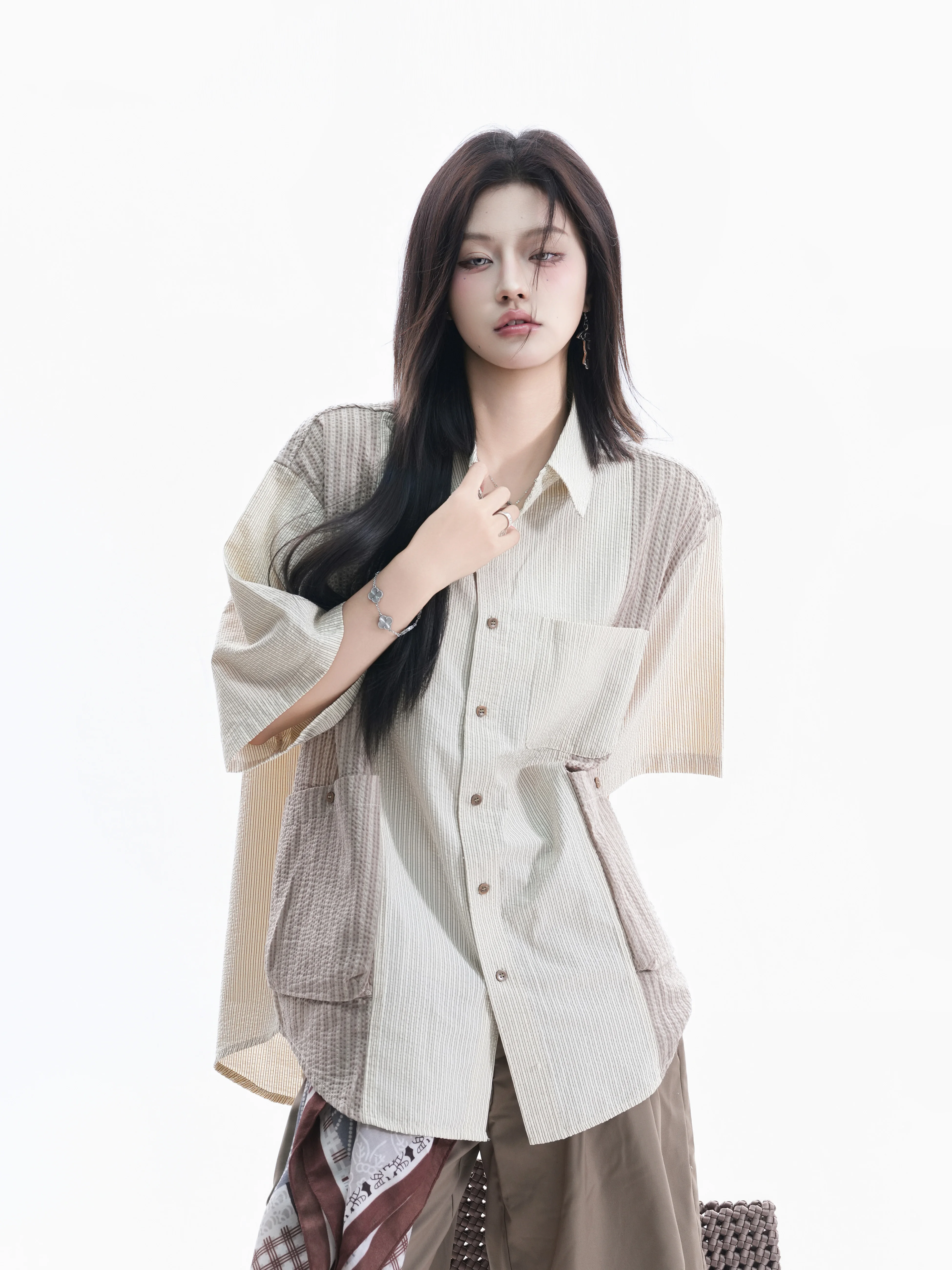 

American Retro Striped Short Sleeve Shirt Women Summer Multi Pocket Oversize Couple's Shirt Cotton Casual Loose Fit Cardigan