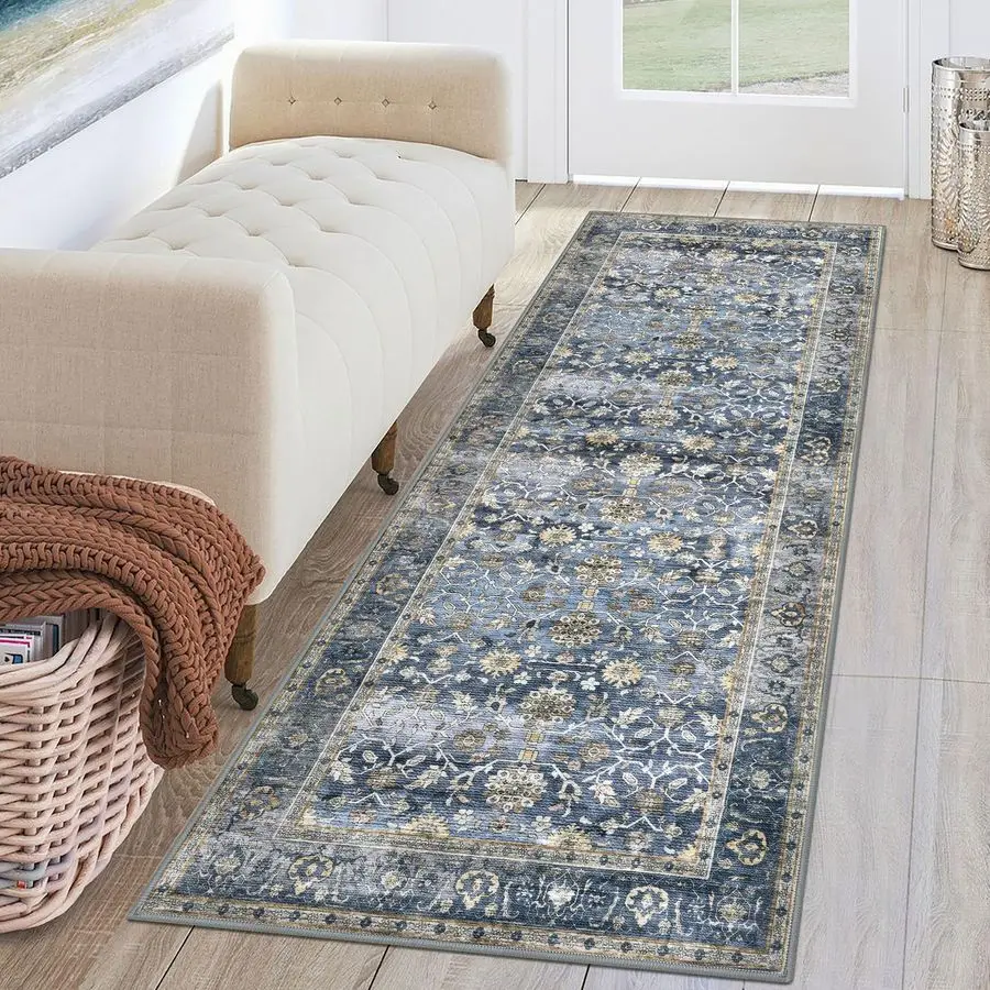 

Винтажный моющийся ковер-дорожка, 2x6 футов, сине-серо-бежевый, для прихожих, нескользящий, для кухни, ультратонкий, мягкий, с принтом в восточном стиле