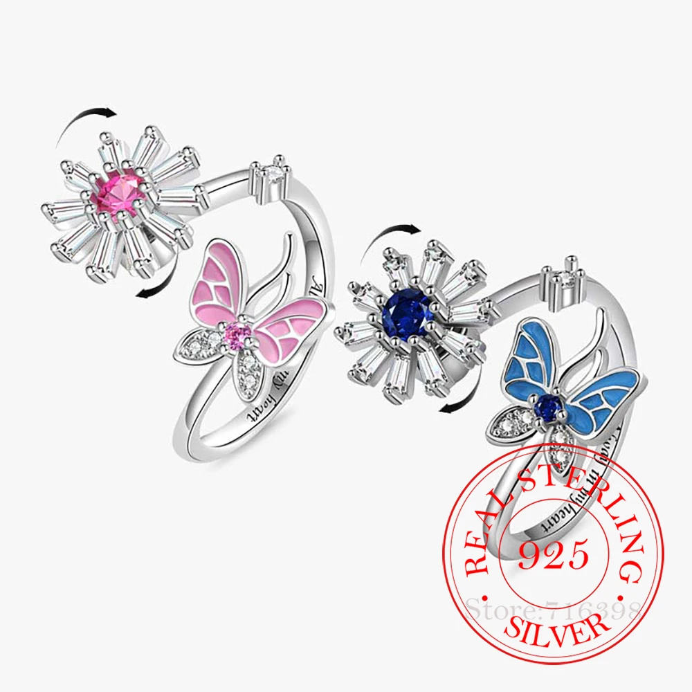 

925 Sterling Silver Jewelry Crystal Flower Butterfly Spinner Finger Rings for Women Wedding Party Jewelry For Girls Friends Gift