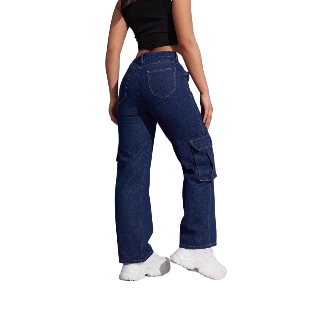 New Street Fashion American High-waisted Work Jeans. Women's Four-season New Fashion Flip Cover  Pocket Design Straight Leg Jean