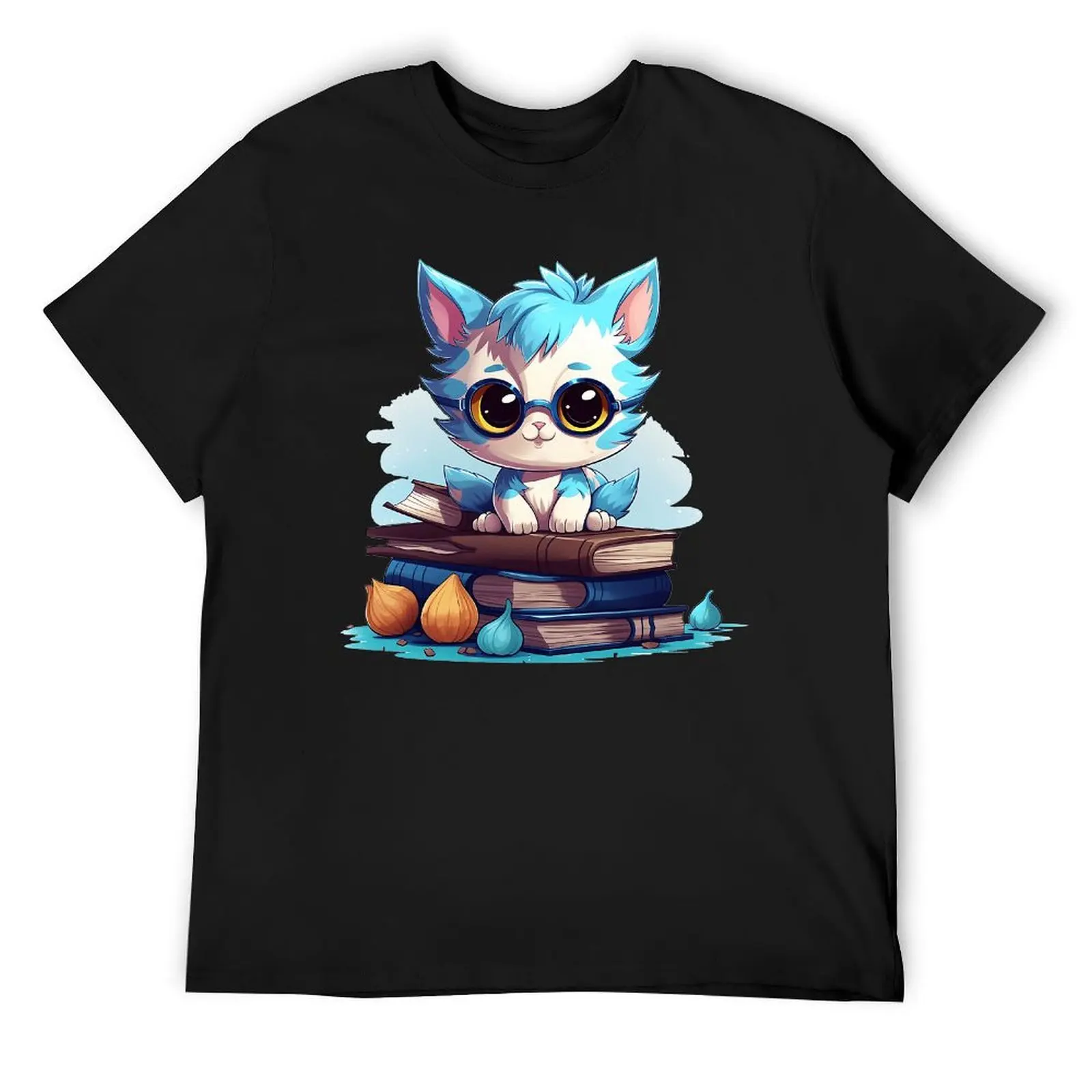 Chibi Geeky Cat Sitting on A Pile of Books T-shirt Crewneck Sport T-shirts Hot Sale Leisure Humor Graphic Eur Size