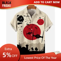 Space War Spaceship and Warrior Red Sun silhouette Short sleeved shirt Comfortable and fashionable men's shirt oversized design