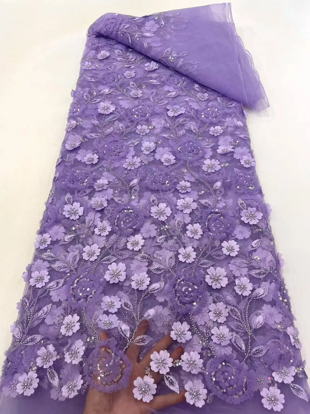 

African Lace Fabric 2025 High Quality New Nigerian 3D Beads Flower Tulle Polyester Lace Fabric For Party Dress 5 Yards/Lot