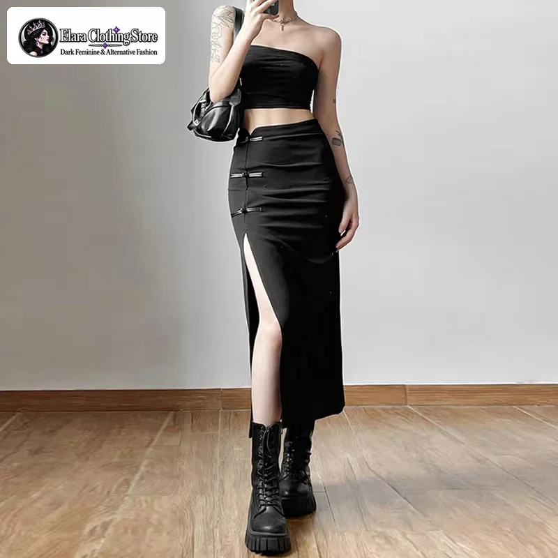 Elara 2026 New Autumn Western Slim Fit Slit Y2K Cargo Midi Skirt Gothic Sexy High Waist Korean Fashion Ruched Women’s Skirt