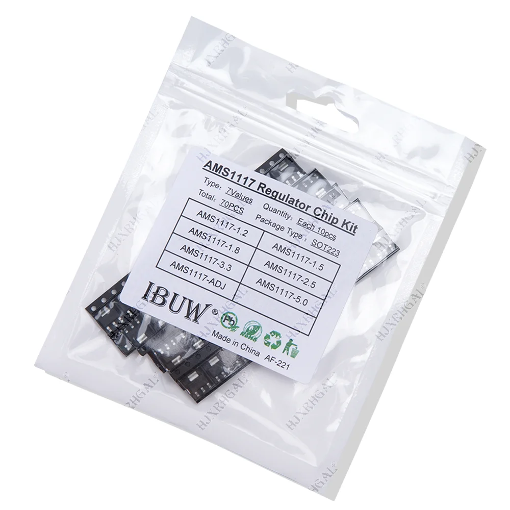 Jogo do regulador da tensão, 7 valores, AMS1117, 1.2V, 1.5V, 1.8V, 2.5V, 3.3V, 5.0V, ADJ, AMS1117-3.3V, AMS1117-3.3, AMS1117-5.0, 70Pcs
