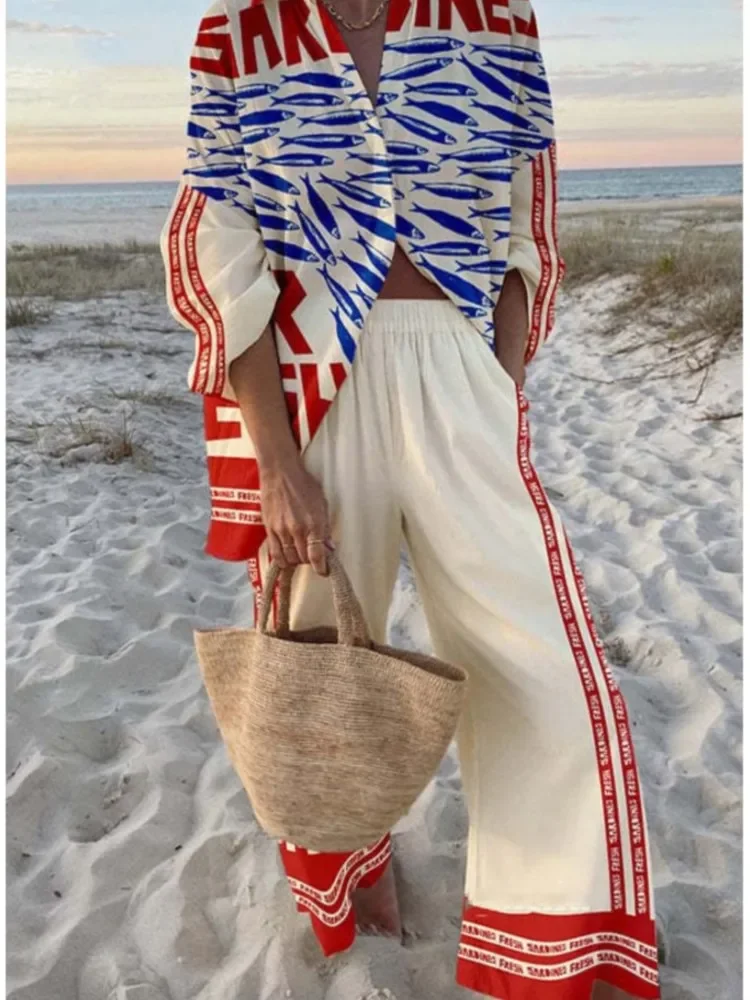 

Fashion Casual Print Two Piece Sets Summer Women Loose Lapel Long Sleeve Button Shirt + Wide Leg Pants Set Spring Vacation Style