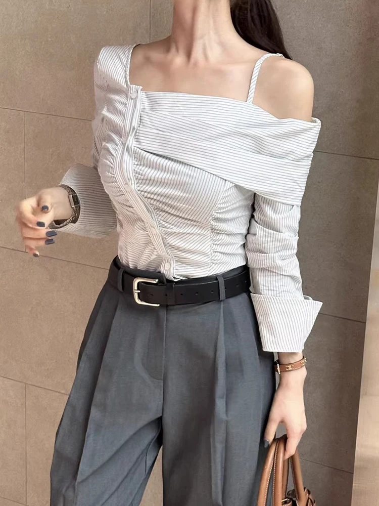 Ele Autumnal Tie-Slip Striated Women's Slim-Fit irt Asymmetric Oulder-Length Sve Sli Commute Mohamed Naznica Diego Diego Diego Diego Diego Diego Diego킹
