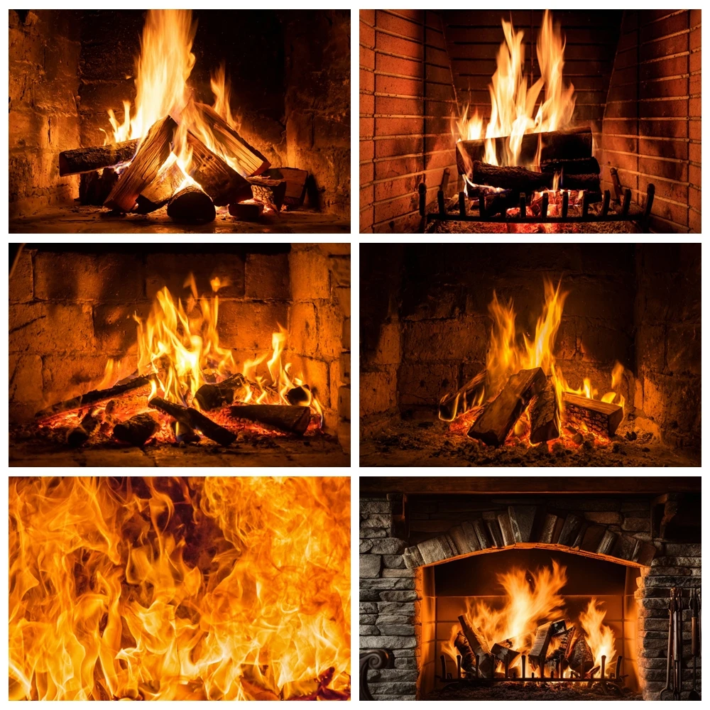 

Christmas Fireplace Photography Backdrop Winter Burning Flame Bonfire Room Decor Vintage Brick Stove Baby Xmas Photo Background