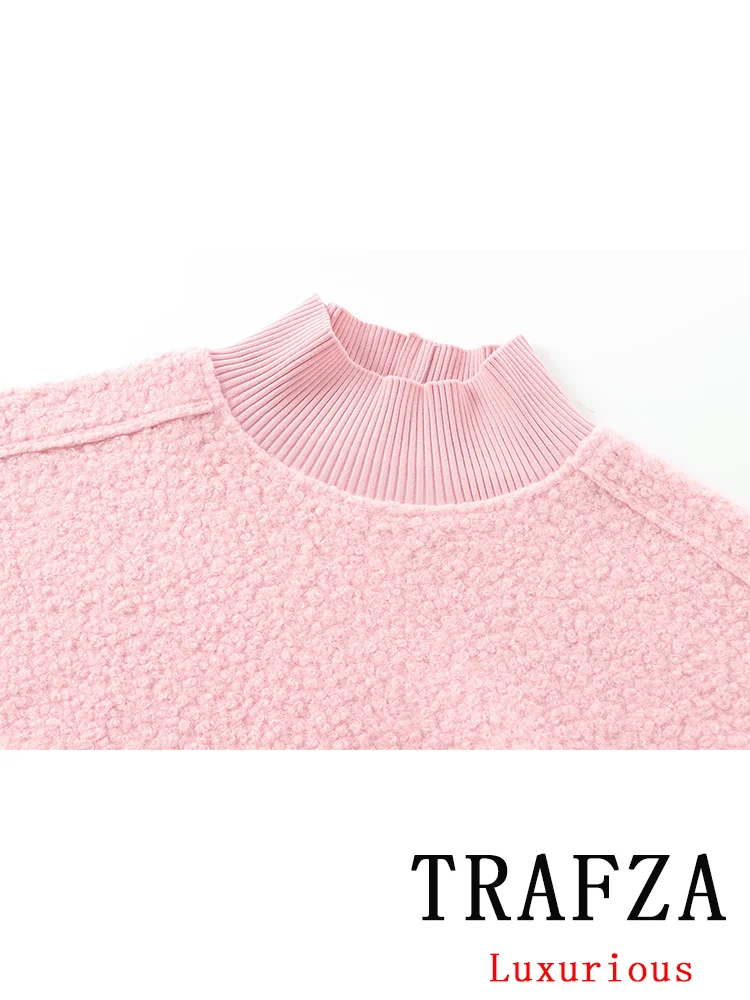 TRAFZA Vintage Casual Chic Women Lambwools Hoodies O-Neck Long Sleeve Oversized Pullovers Fashion 2024 Autumn Winter Warm Tops