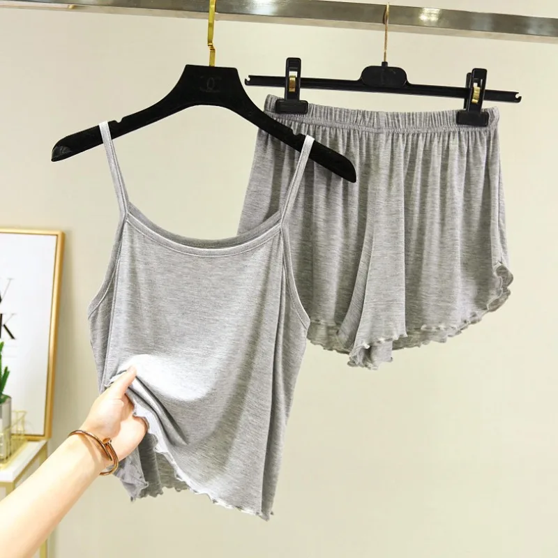 

Сексуальные пижамные комплекты из модала, костюмы из 2 предметов, женская модная уличная одежда, топы без рукавов больших размеров + шорты, женская летняя одежда для сна