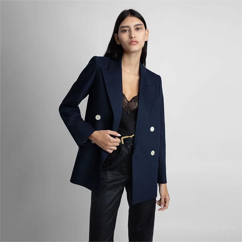 Zadig Women Blazer Casual Navy Blue Occasion Formal Suits Tops Female Elegant Navy Blue Chic Lapel Button Pocket Blazers Top