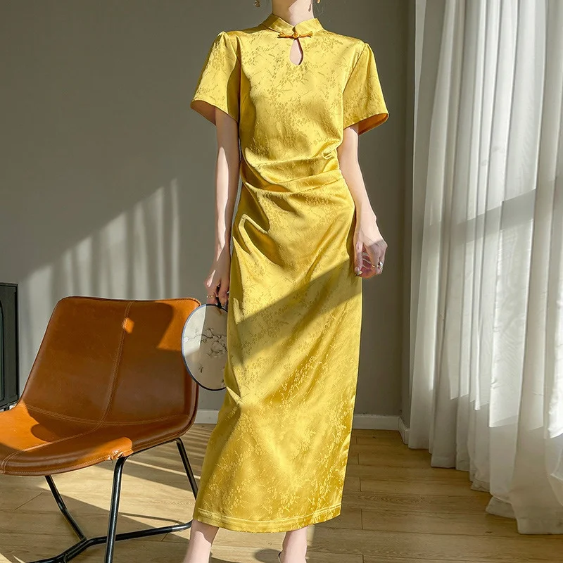 

temperament long dress for women spring/summer new cheongsam collar printed half sleeved dress new Chinese solid color