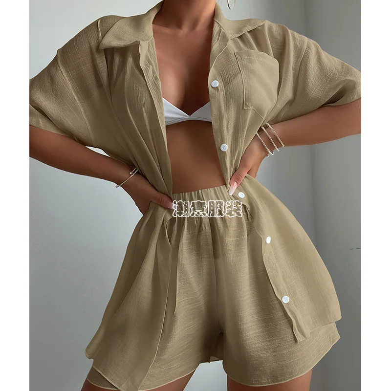 Camicia a maniche corte in tinta unita per le vacanze al mare Set Casual estate nuova tuta di protezione solare allentata costume da bagno da spiaggia Cover Up Short Sets