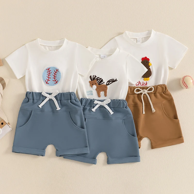 

2025-01-07 Lioraitiin Комплекты летних шорт для маленьких мальчиков с короткими рукавами и круглым вырезом, топы с буквенным принтом и однотонные шорты, комплекты