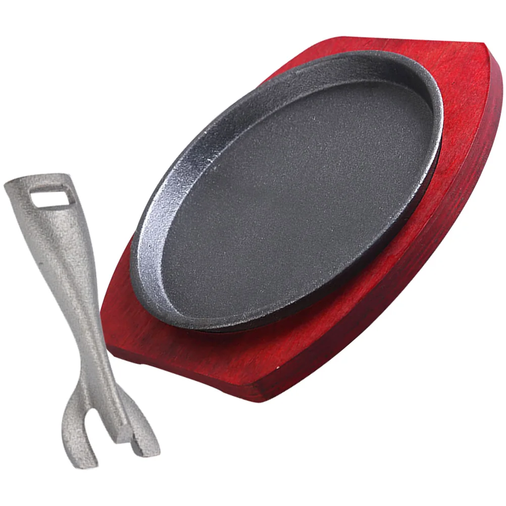 

1 Set Iron Steak Plate Wood Base Non-Stick Grilling Pan Round Cooking Serving Tray Cast Iron Fry Pan For Home Restaurant