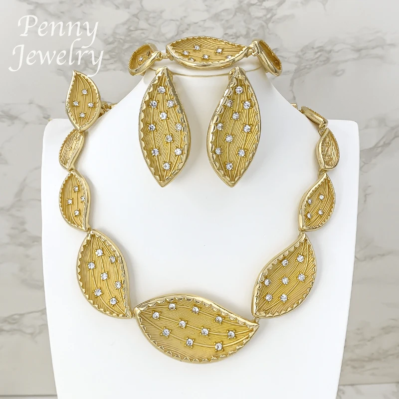 Rhinestones Leaf Shaped Chunky Choker Collar Jewelry Set for Woman Necklace Earrings Bracelet Ring Bridal Wedding Party Gifts