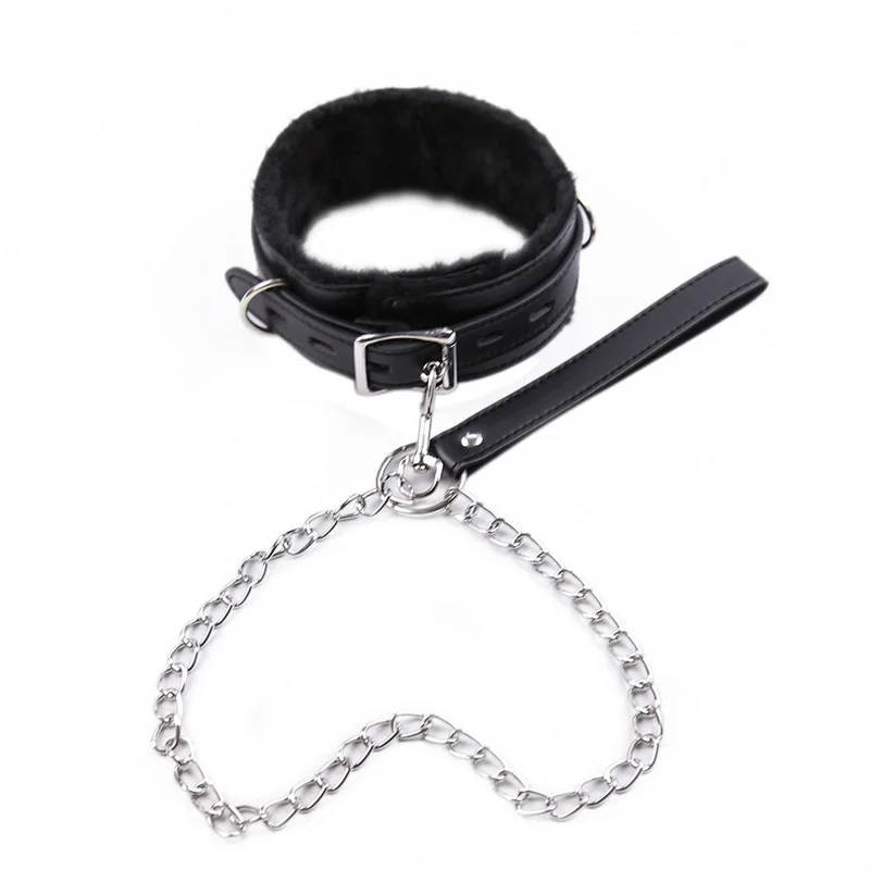 PU Leather Furry Bondage Choker Collar with Chain Lead Leash Multi Colors Erotic Role Play Costumes Sex Toys For Adult Couple