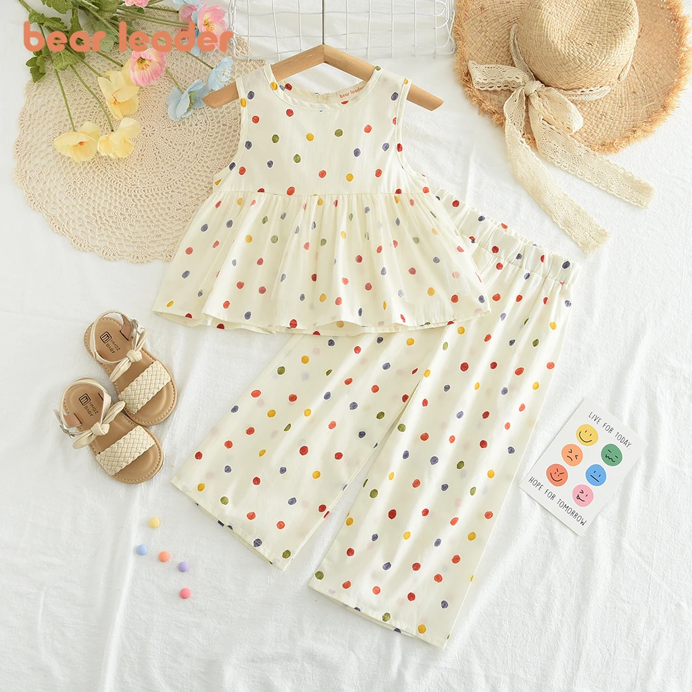 Bear Leader Summer Mesh Kids Sets Sleeveless Polka Dot Top + Wide Leg Pants 2 Pieces Suits Girls Clothing Casual Outfits 3-7 Y