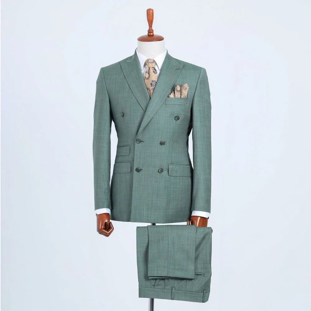 

Green Men Suits 2 Pieces Jacket Pant Formal Occasion Customize Double Breasted Fashion Peak Lapel Male Clothing Stylish 2025
