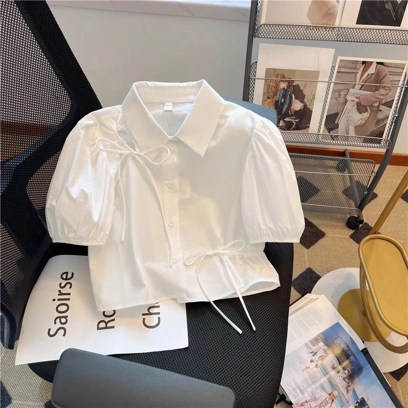 Blusa De manga corta con lazo para Mujer, camisa blanca ajustada coreana, Top corto elegante De Moda, 2024