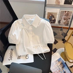 Bow Puff Short Sleeve Lace Up Blouse Blusas Mujer De Moda 2024 Verano Elegantes Slim Korean White Shirt Women New Crop Top