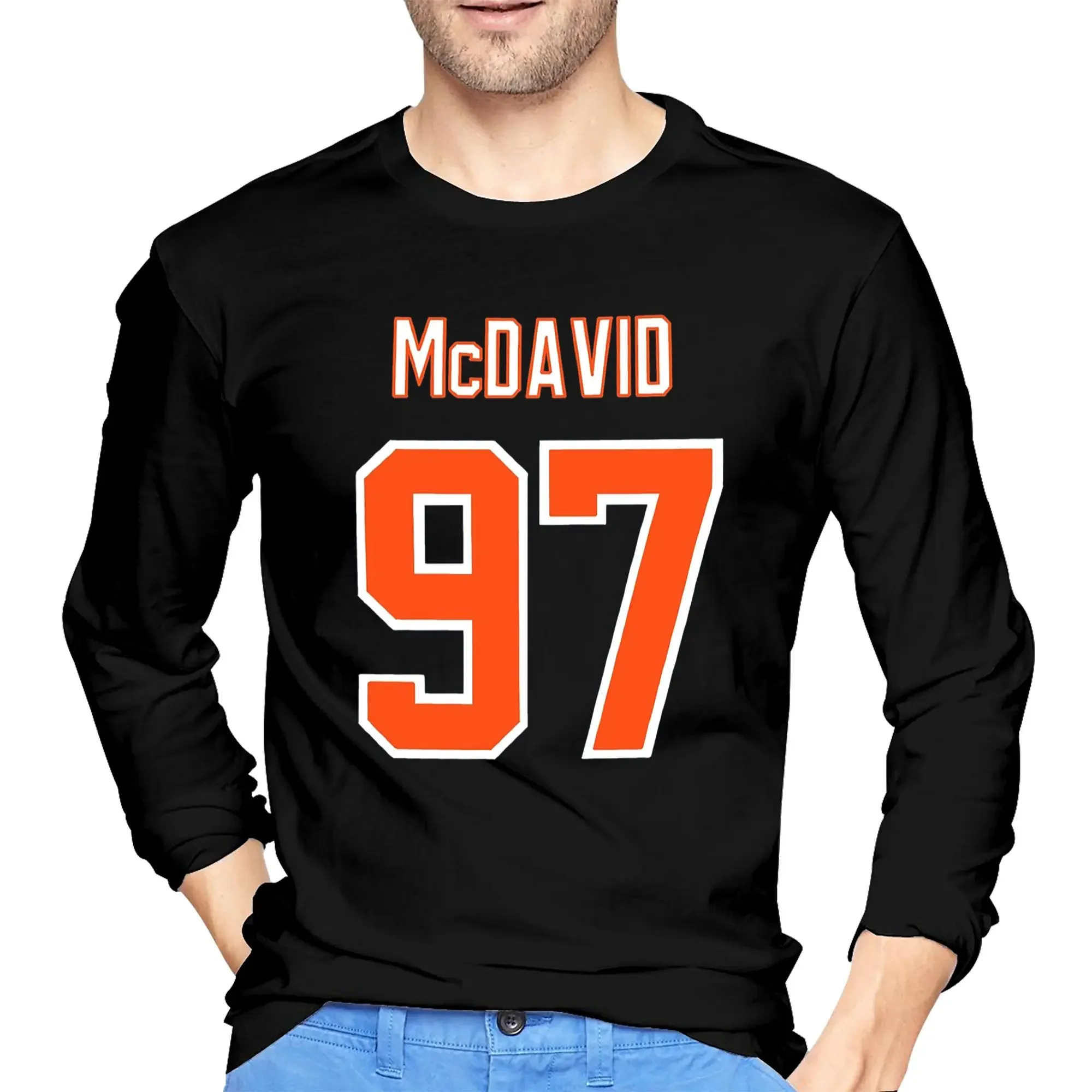 

Connor McDavid 97 для фанатов Edmonton Oilers Мужская футболка с длинными рукавами Повседневные футболки с круглым вырезом Весенние и осенние мужские топы