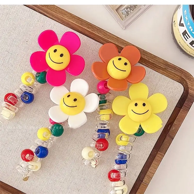 1PCS New Lovely Beaded Big Sun Flowers Elastic Spiral Head Rope Hair Rope Ponytail Hair Ring Rubber Band Headdress For Kids