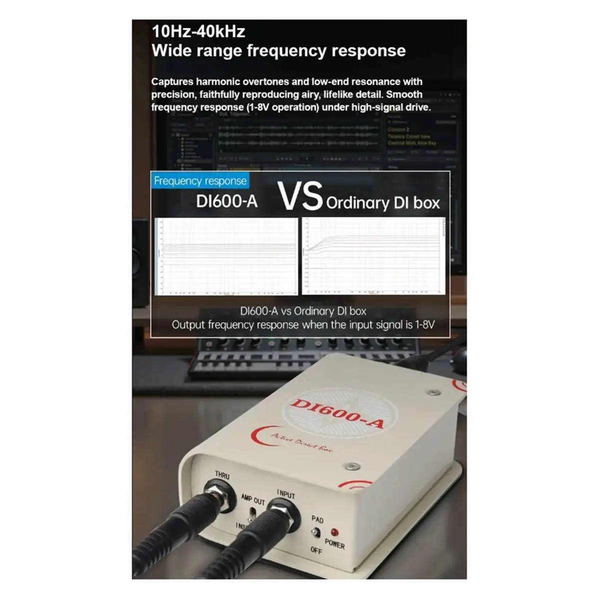 DI600-A Active DI Box with Wide Range Frequency Response and -20dB Pad to Balance Sound and Reduce Distortion