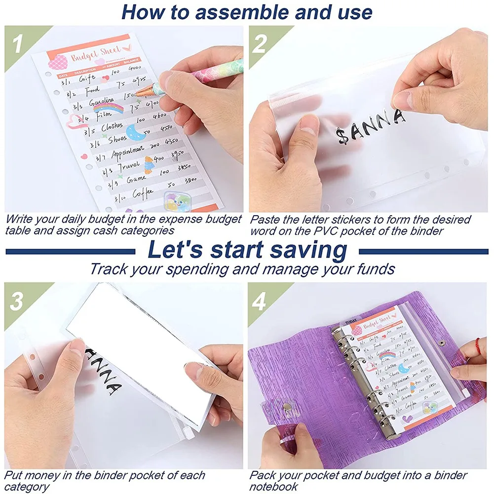 38ชิ้นอุปกรณ์จัดระเบียบงบประมาณระบบซองจดหมายเงินสดสติกเกอร์ตัวอักษรแผ่นงบประมาณกระเป๋าพีวีซี A6สำหรับนักวางแผนเงินสีม่วง