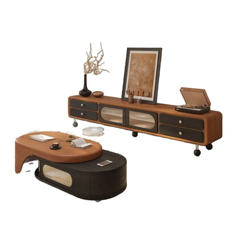 

American retro antique TV cabinet coffee table combination small apartment solid wood furniture floor storage