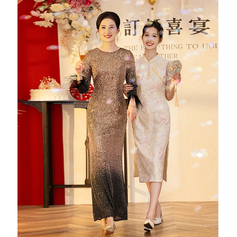 

Luxury Sequin Mother Of The Bride Dresses Elegant Modest Round Neck Ankle-Length Long Sleeve Women Evening Gowns