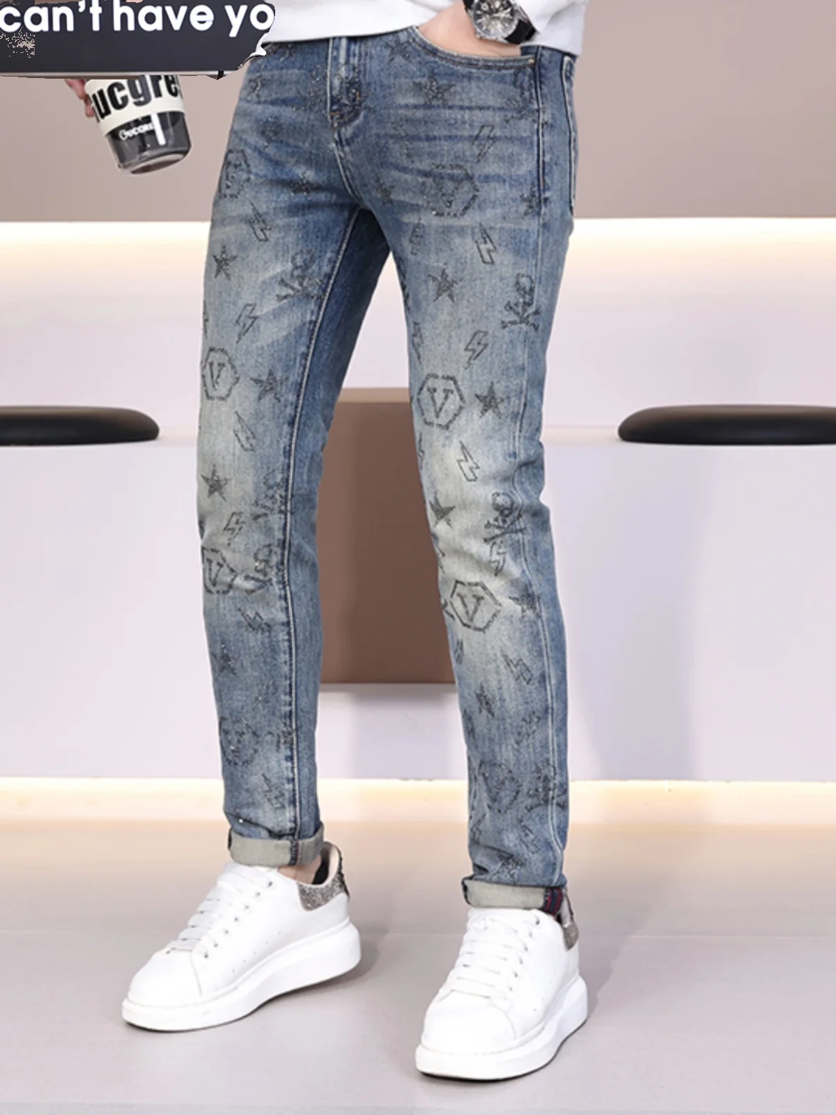 

Retro High-End Rhinestone Slim Fit Men's Jeans Sli Spring Autumn New Casual Long Pants Cotton Stretch Denim Youth Trend