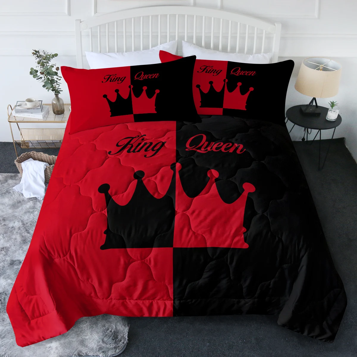 

BlessLiving Unique Crown Design Design Comforter Set Red and Black Crown Printed Quilt Set for All Seasons Room Decor