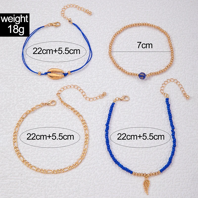 Tocona Bohemia Gold Colour Leaf Pendant Anklet Set for Women Men Shell Blue beads String Multilayer Foot Chain Jewelry 24711