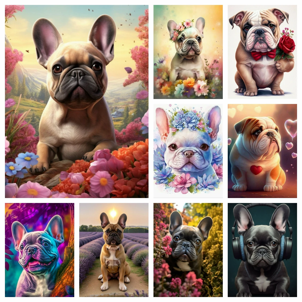 5D DIY Kunst-Diamantmalerei Niedlicher Französische Bulldogge Welpen Kreuzstich-Puzzle Bedrucktes Mosaik-Stickerei-Set Hausdekoration Neue Neuheit