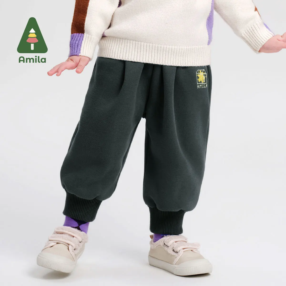 

Amila Baby Pants 2024 Winter New Style Boys And Girls Solid Color One-Piece Velvet Warm Skin-Friendly Children's Casual Pants