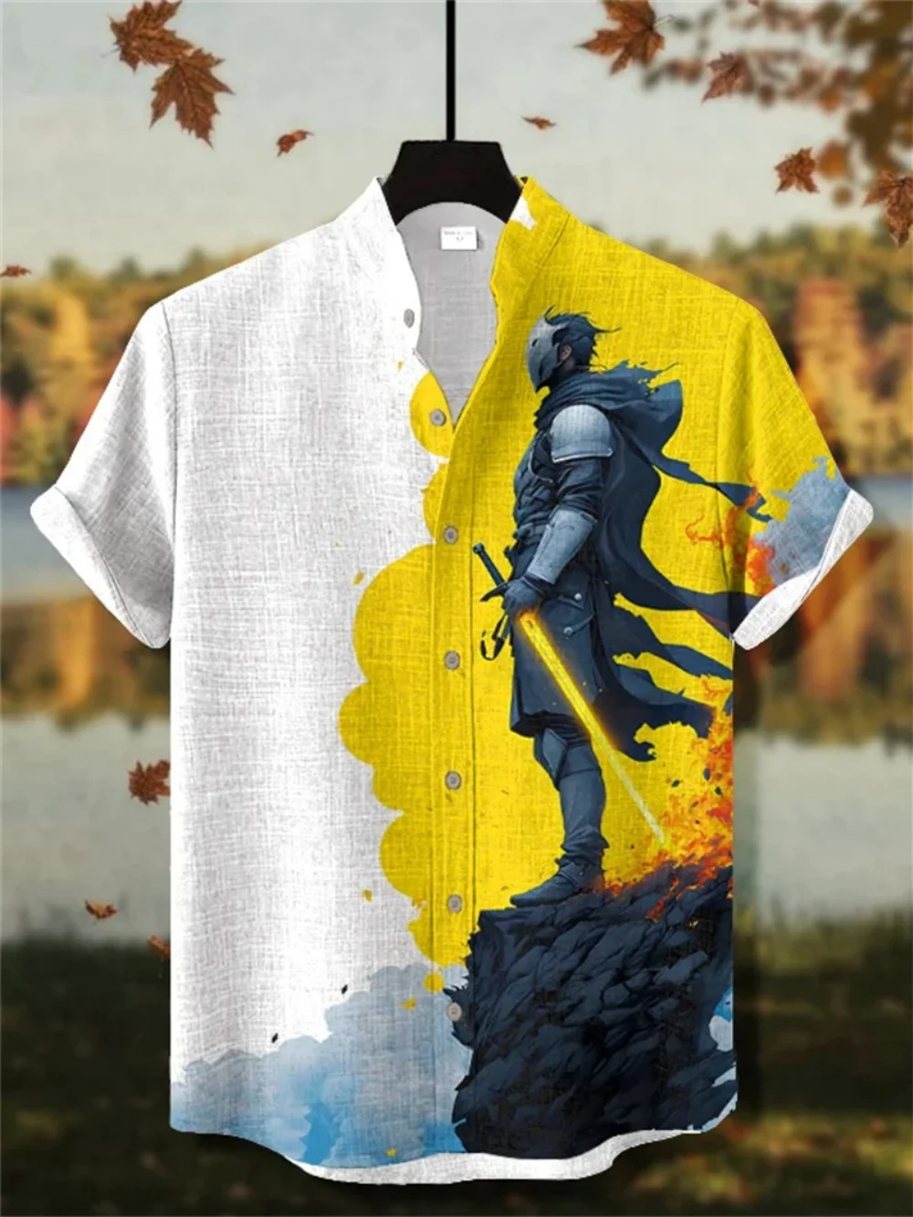 

Men's Retro Geometric Pattern Linen Short Sleeve Shirt Stand up Collar Cardigan Casual Men's Clothing