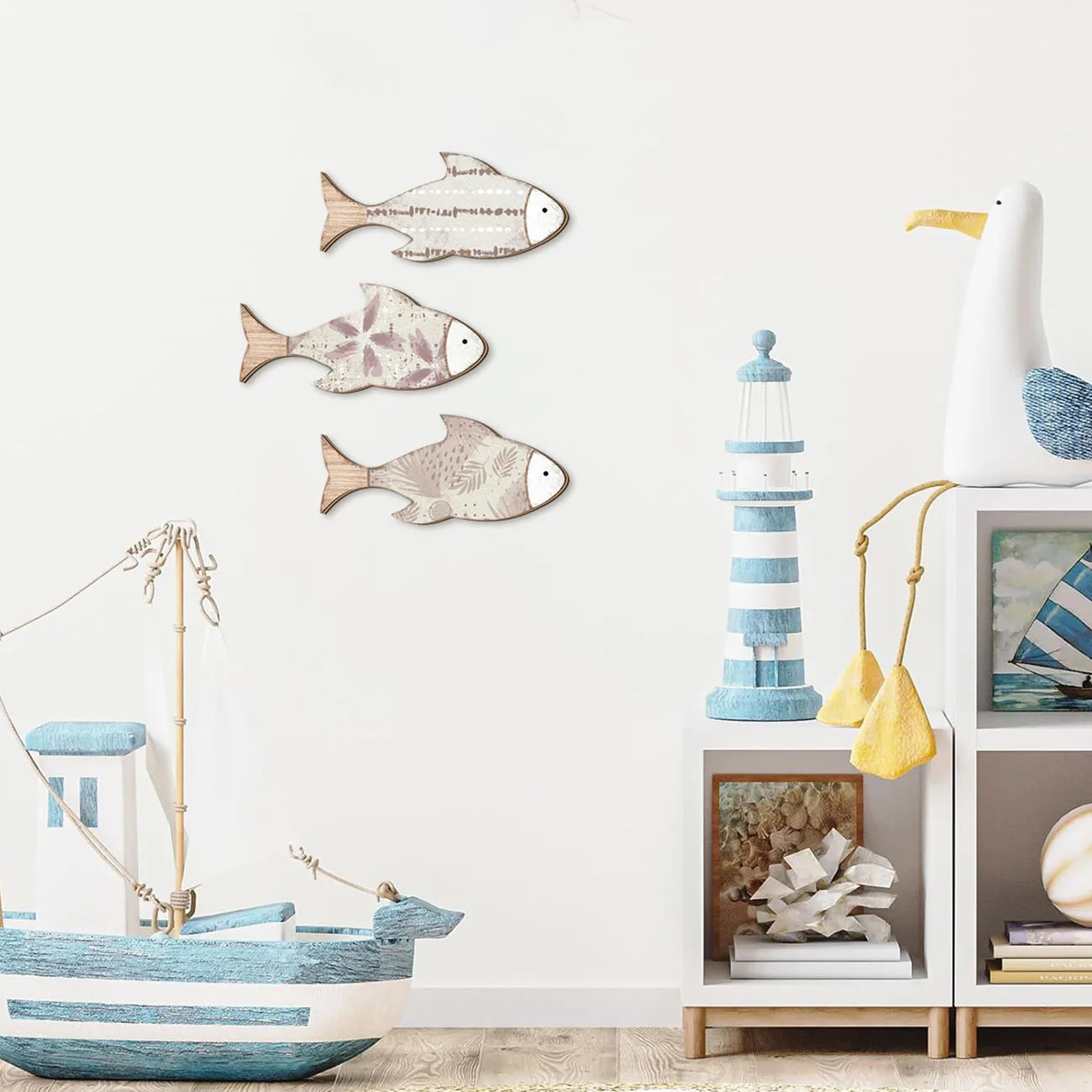 Vintage Wooden Fish Wall Decor Set, Nautical Cutout Ornaments with Nano Tape, Drill Free Hanging for Coastal Style Room