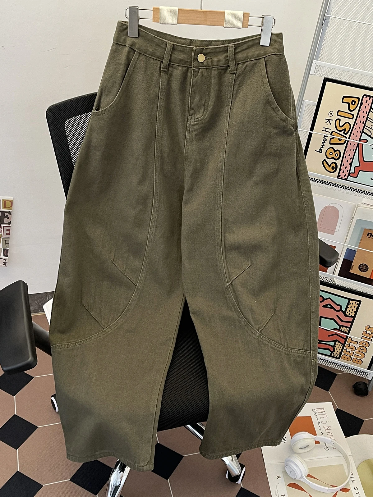 Men Splicing Loose Retro Jeans Spring Autumn Solid Color 100% Cotton Denim Pants American Casual Fashion Simple Male Trousers