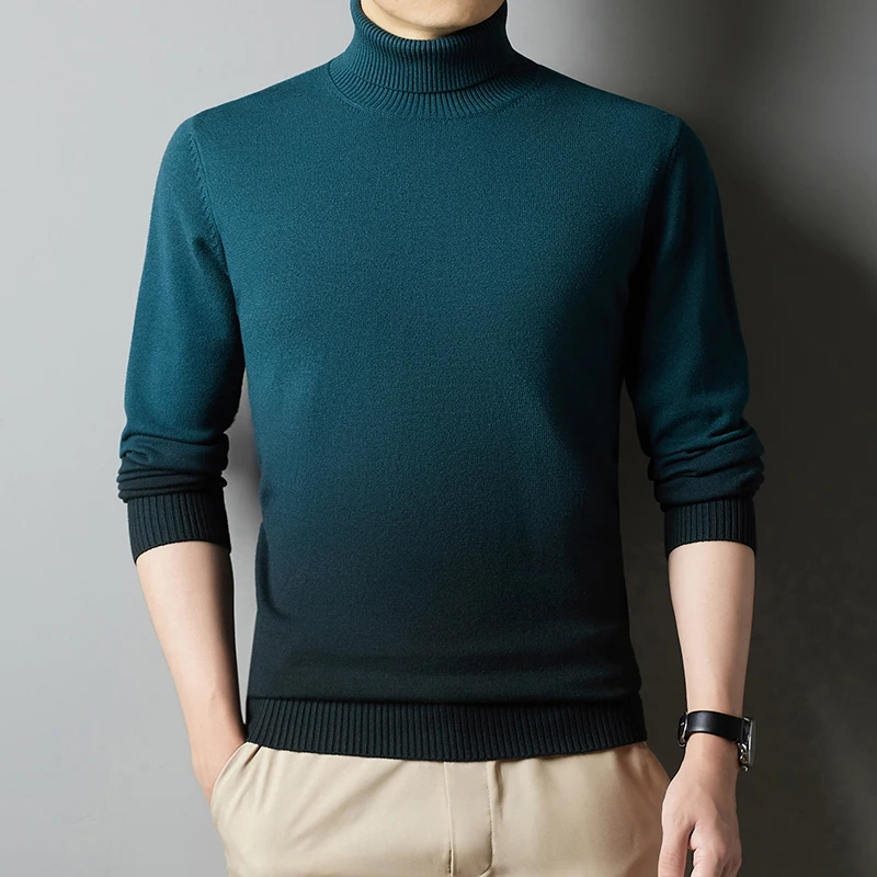 2022 Winter New Men's Warm Turtleneck Pullover Sweater Fashion Hanging Dye Design Casual Thick Knitted Sweater Male Clothing