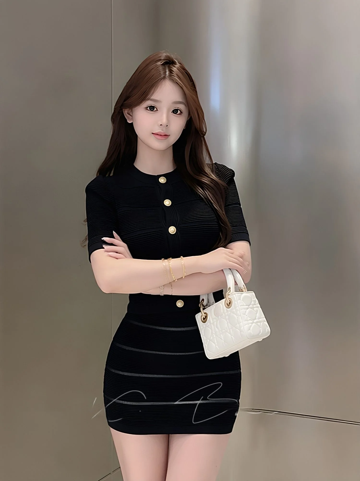Elegant Summer Two-Piece Set Women's Sleeveless Gown with Gold Buckle Open Cardigan Textured Splicing Strap Wrap Dress