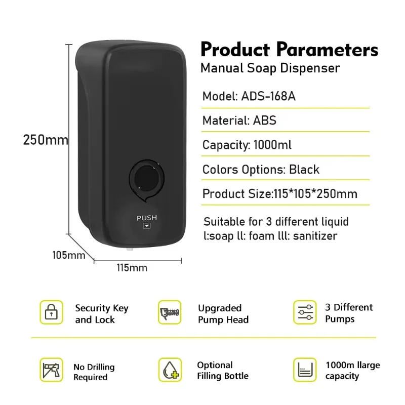 Dispenser Sabun Cair Manual Hotel 1000ML Matt Black, Dispenser Sabun Isi Ulang yang Dipasang di Dinding untuk Penggunaan di Kamar Mandi