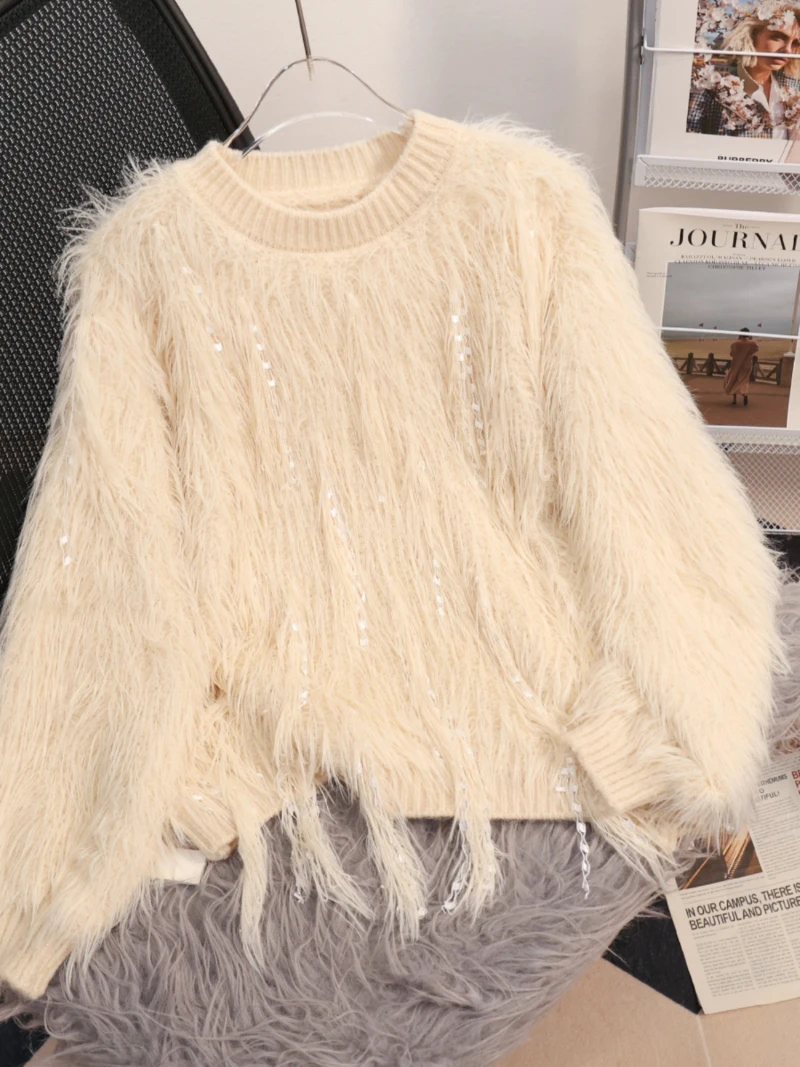 Bomon Autumn/Winter 2024 Base Coat Fashion Solid color all-match wool sweater top fringe round neck long sleeve loose sweater