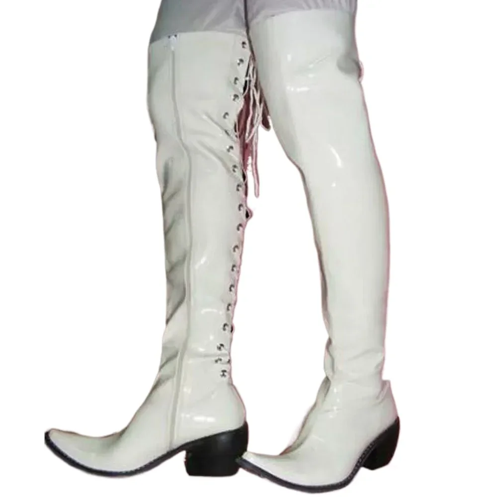 Punk Sexy Patent Leather Equestrian Boots For Men Steel Pipe Platform Cowboy Shoes Pointed toe Over-the-Knee Boots Show Party