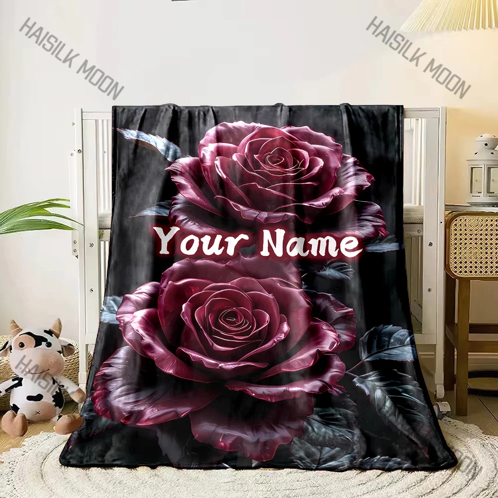 

Personalized Gorgeous Deep Purple Rose Flannel Blanket Warm & Cozy with Custom Name Option，Sofa, Picnic | Ideal Christmas OrGift