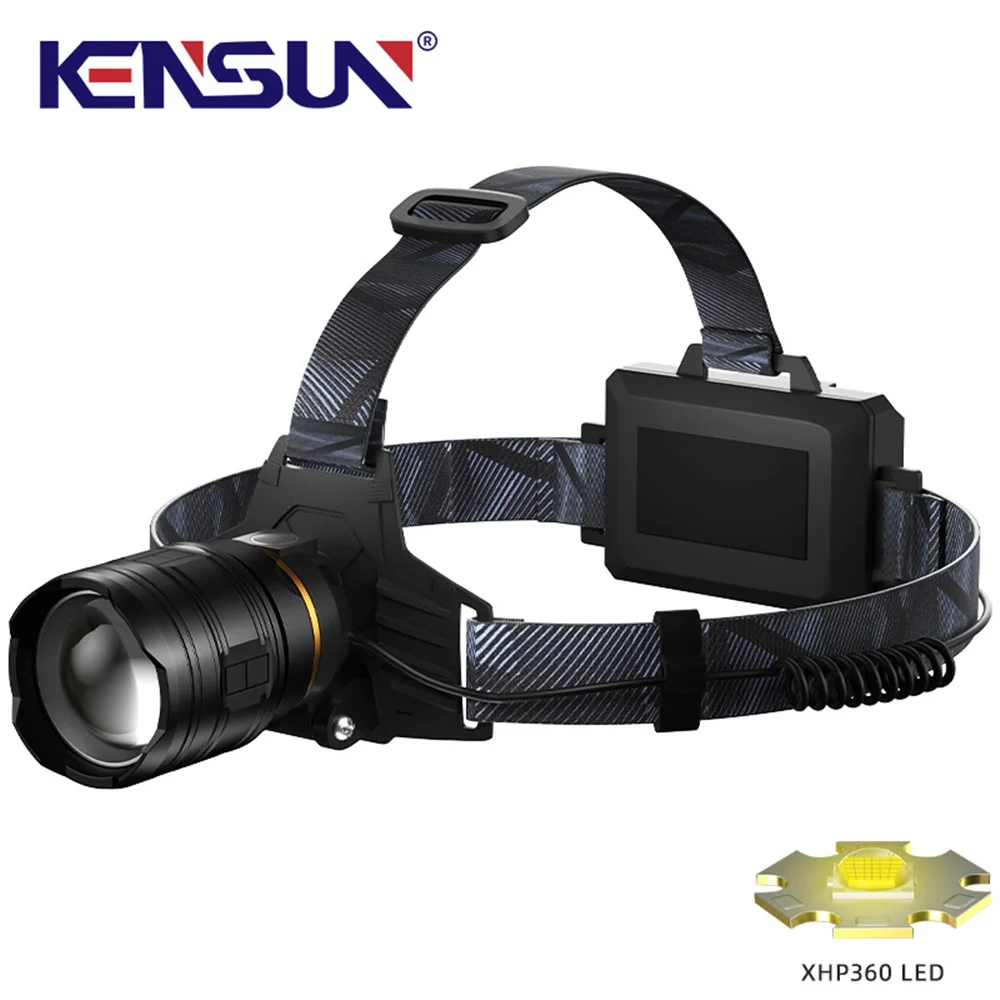 KENSUN Super Bright XHP360 Headlamp 36-core Wick Telescopic Zoom Flashlight Fishing Light Lamp For Camping