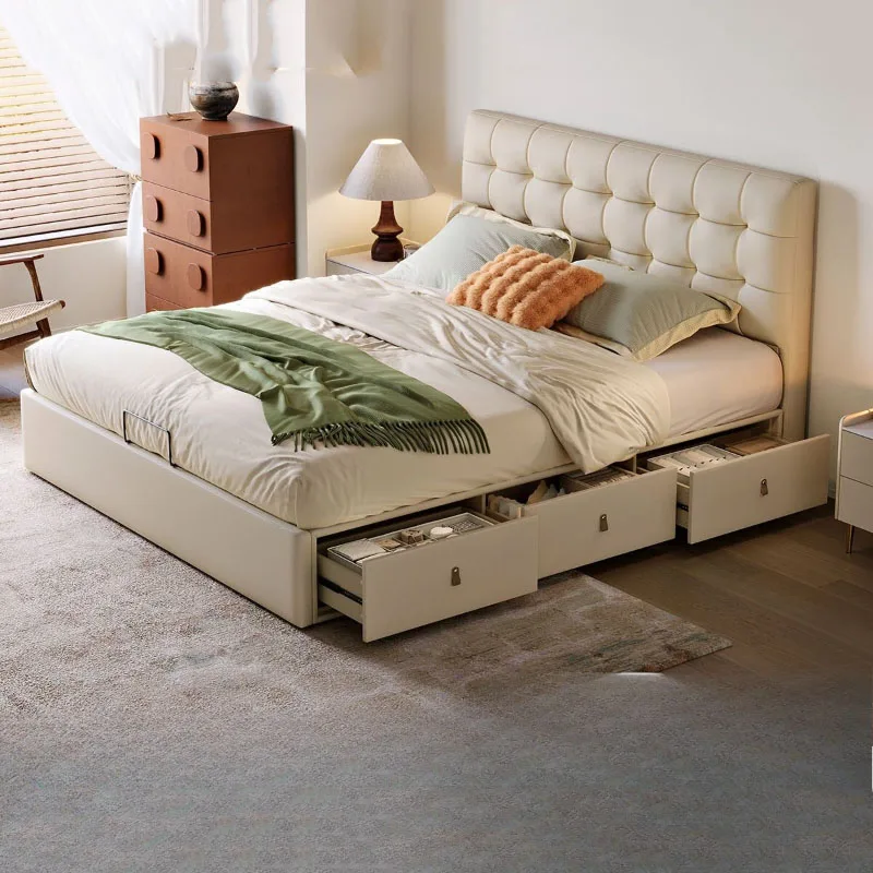 Simple Modern Bed Bedroom Double Frame Floor Storage Design Beauty Sleeping Safe Bed Princess Wooden Muebles Salon Furniture