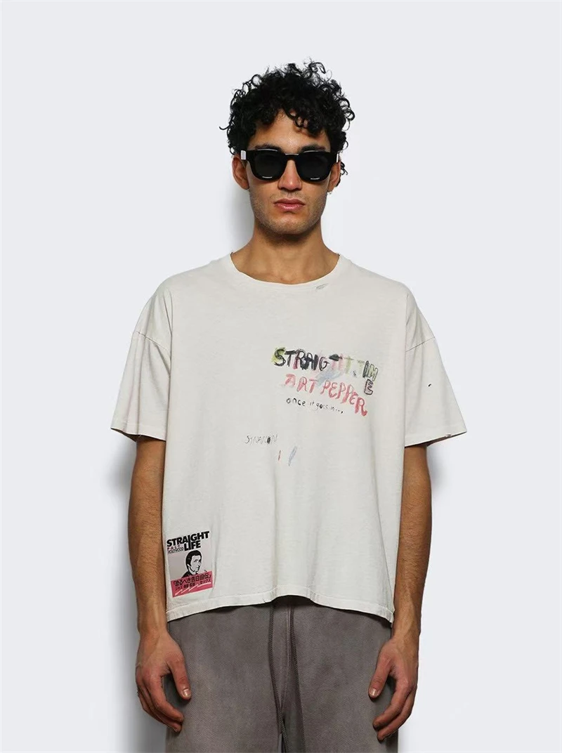 

Paly Vintage Texture Knitted Handmade Alphabet Graffiti Printed Casual Short Sleeve Street Versatile Cotton T-shirt MEN WOMEN