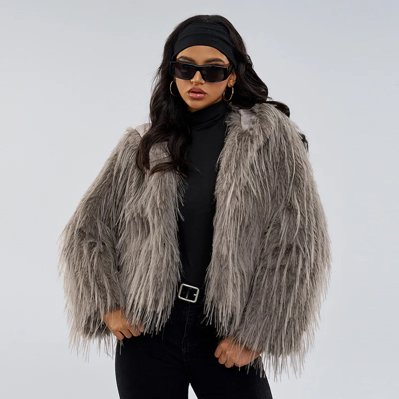 Fashionable warm fringed fur faux fur coat for women urban trend hooded fur coat simple fashionable and warm women's clothing