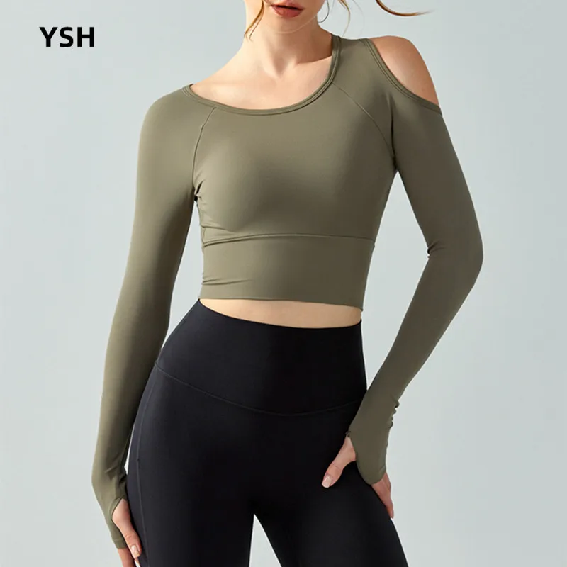 

YUSHUHUA One Shoulder Cutout Sport Top Fixed Chest Pad Gym Yoga Shirts Women Long Sleeve Fitness Crop Top Running Clothing